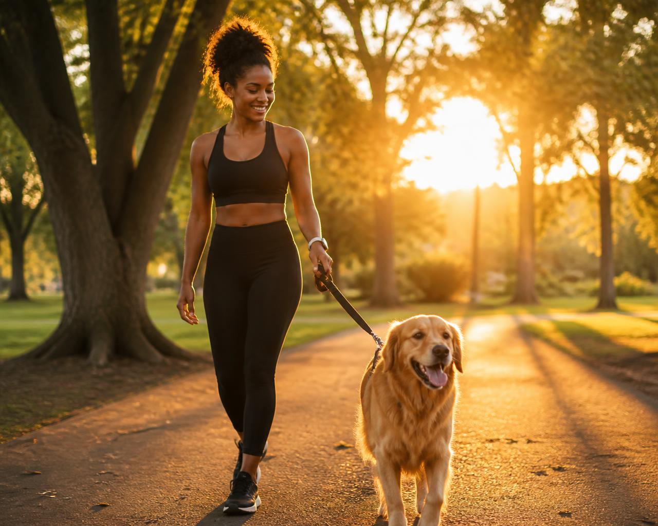 Shana walking a happy dog in warm golden-hour light